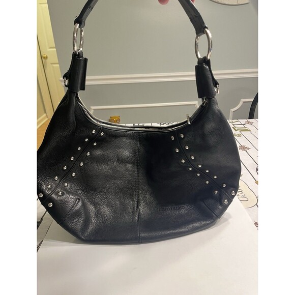 Black Leather Silver Studded Hobo Bag Purse By Franco Sarto - Picture 2 of 16